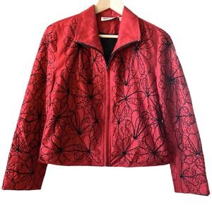 Jacket Blazer Silk Beaded Embroidered‎ Women's Small Lined Red